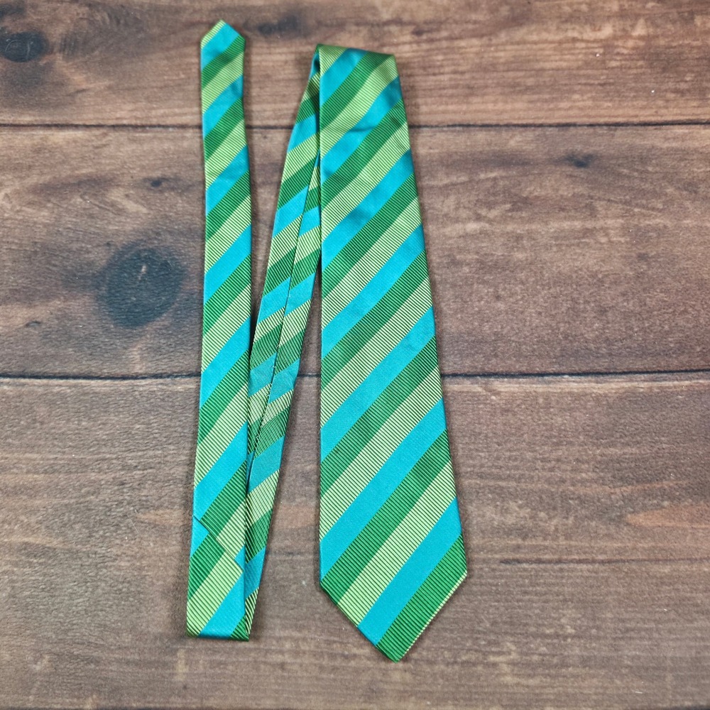 XMI Platinum Necktie Mens OS Green Striped Good Silk Hand Made USA